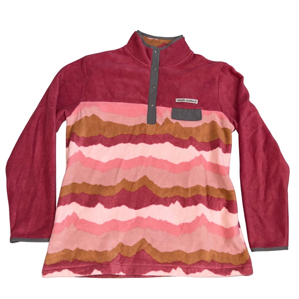 Simply Southern Fleece Pullover Pink Burgundy Wavy Abstract Snap Neck Womens XL